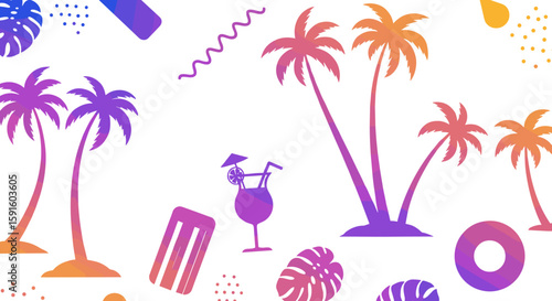 Tropical gradient beach party with palm trees and cocktail elements