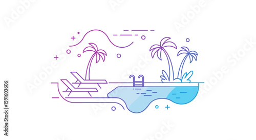 Tropical poolside vector with palm trees and lounge chairs in gradient line art