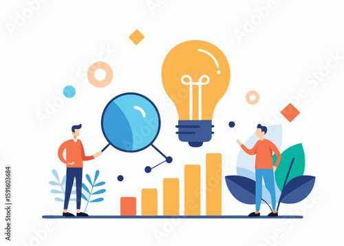 Modern flat design illustration: two colleagues analyzing growth chart data with magnifying glass and bright idea lightbulb.