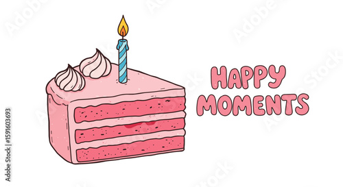 Pink layer cake slice with candle and whipped cream topping for celebratory moments