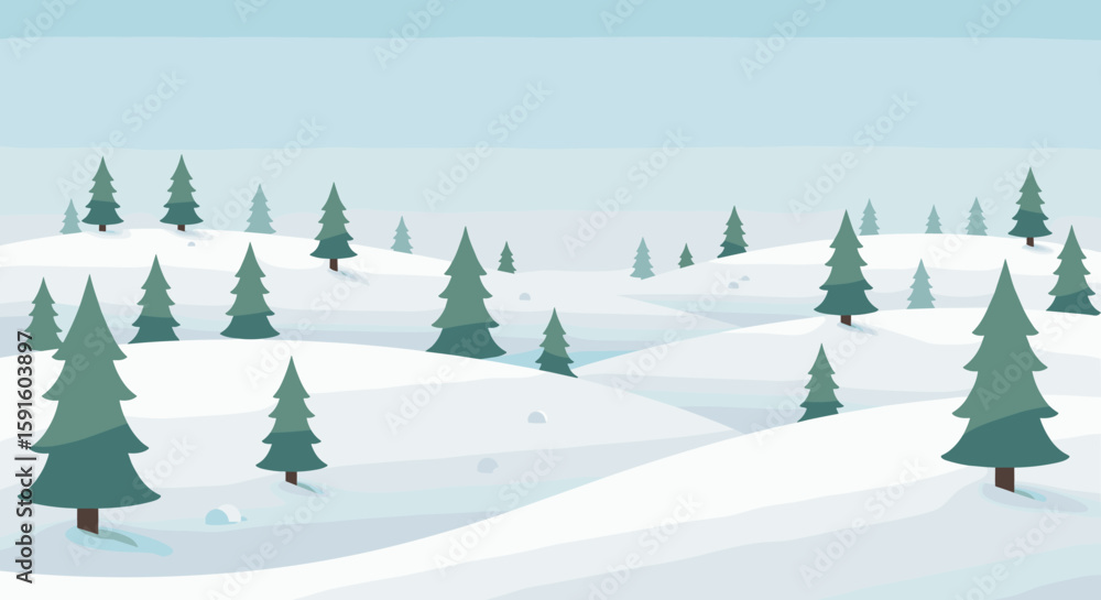 Obraz premium Winter landscape with snowy hills and evergreen trees in minimalist style