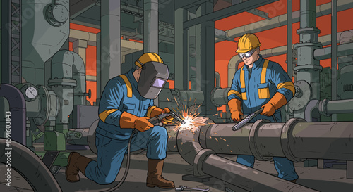 Industrial engineers welding in factory setting with modern equipment