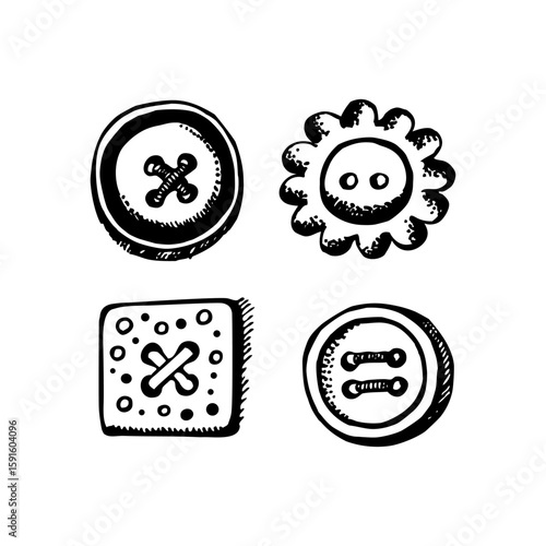 Hand drawn buttons set in retro style. Sketch vintage vector illustration isolated