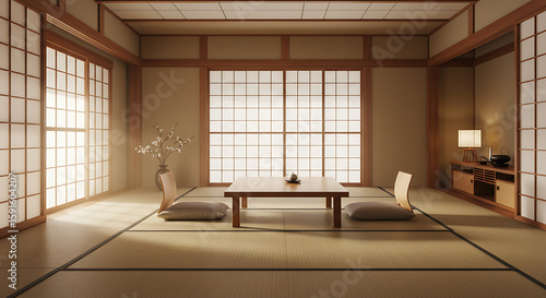 A serene Japanese-style room with tatami mats, low tables, and traditional shoji screens.