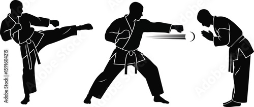 Vector art of silhouettes of a karate practitioner performing various moves, including a kick, a punch, and a bow, isolated on white background