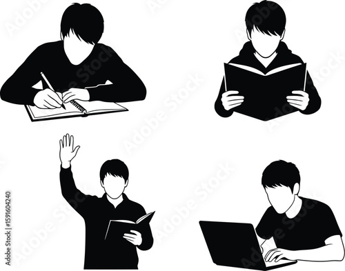 Vector art of silhouettes of students engaged in various activities, such as writing, reading, raising their hand, and using a laptop, isolated on white background