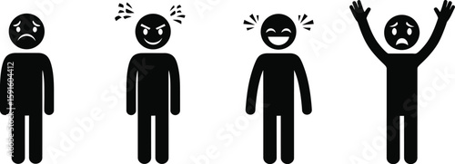 Vector art of a set of stick figure silhouettes expressing different emotions, including sadness, anger, happiness, and upset, isolated on white background