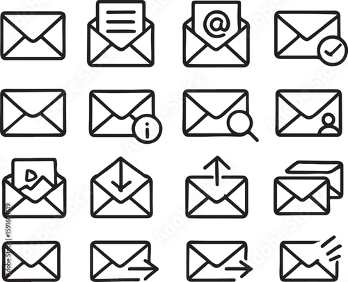 Collection of black traced email icons on white background