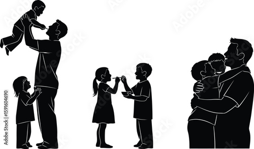 Vector art of a father is depicted in silhouette, sharing loving moments with his children, including playing, feeding, and embracing, isolated on white background