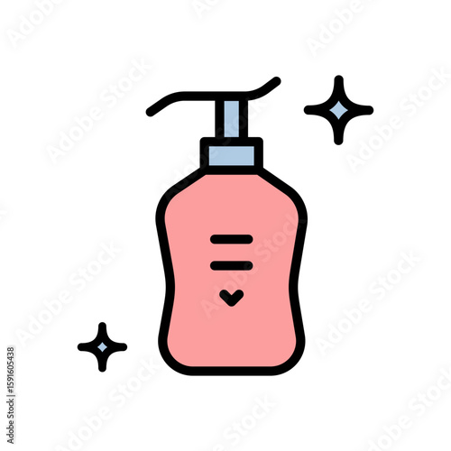 Liquid soap for hands and body. Detergent with dispenser. Hands disinfection. Illustration of cleanser, detergent, shampoo, liquid soap, gel. Vector isolated color symbol.