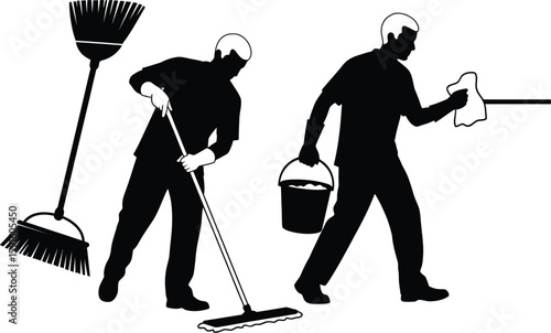 Vector art of two janitors in silhouette are cleaning with a broom, mop, bucket, and rag, isolated on white background