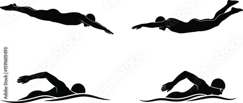 Vector art of a collection of swimmer silhouettes in various swimming strokes and diving positions, isolated on white background