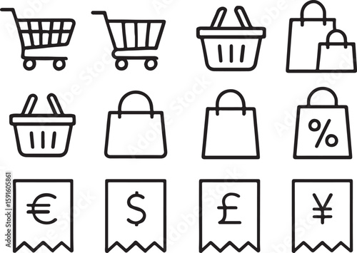 E commerce icons shopping carts bags and currency symbols