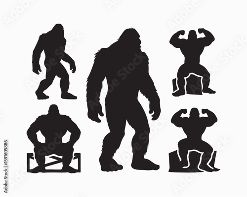 Bigfoot silhouette, mythical creature silhouette sequence. Ideal bigfoot for cryptozoology, folklore enthusiasts. Mysterious walking beast, legend, Sasquatch, Yeti, enigma, shadowy figure