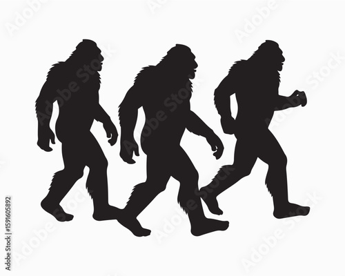 Bigfoot silhouette, mythical creature silhouette sequence. Ideal bigfoot for cryptozoology, folklore enthusiasts. Mysterious walking beast, legend, Sasquatch, Yeti, enigma, shadowy figure