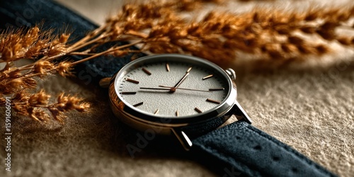 Wallpaper Mural Minimalist Modern Watch with All-White Face and Navy Blue Leather Strap: A Stylish Display with Dried Grass Vase Torontodigital.ca