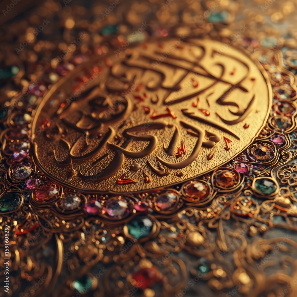 Detailed Gold Islamic Calligraphy Ornament With Gems Detailed Gold Islamic Calligraphy Ornament With Gems