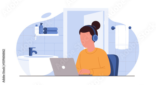 Person working on laptop in bathroom, perfect for articles on remote work or work-life balance.