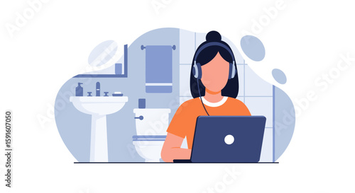 Woman working on laptop in bathroom, perfect for blog posts about remote work or work-life balance.