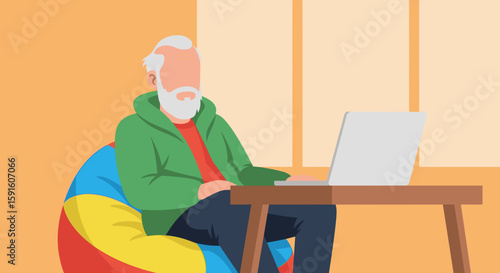Senior man using laptop, relaxing in beanbag chair. Perfect for websites, blogs, and articles about retirement, technology, and comfortable living.