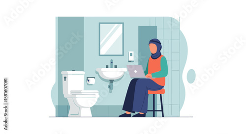 Woman working on laptop in a modern bathroom - perfect for articles on remote work, work-life balance, or flexible workspaces.