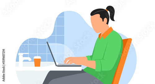 Person working on laptop in bathroom, perfect for illustrating remote work or flexible workstyles.