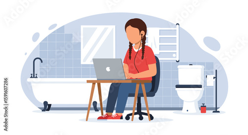 Illustration of a person working on a laptop in a bathroom, perfect for articles about remote work, work-life balance, or unusual workspaces.