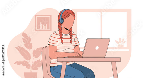 Girl using laptop at home office, perfect for blogs about remote work, online learning, or home productivity.