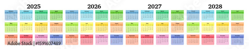 Set of calendars for 2025, 2026, 2027 and 2028 on a white background