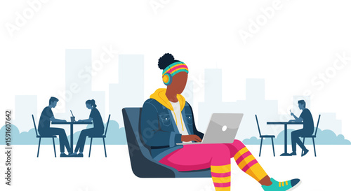 Young woman working on laptop in a city cafe, perfect for website banners or blog posts about remote work.