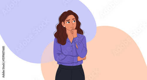 Thoughtful young businesswoman, perfect for websites, blogs, or presentations on decision-making, problem-solving, or business strategy.