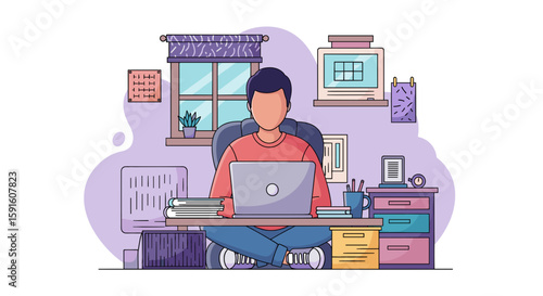 Person working from home on laptop, perfect for illustrating remote work, work from home, or freelance lifestyle articles and websites.