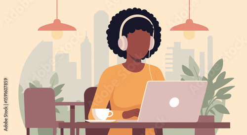 African American woman working on laptop in cafe, perfect for blogs about remote work, freelancing, or digital nomadism.