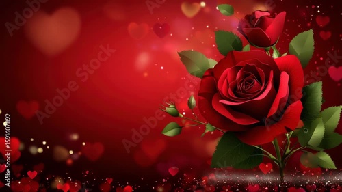 Red rose flower with green leaf and heart shapes on romantic red background, elegant floral design with glowing bokeh and sparkling light effects for love and celebration