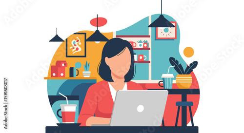 Woman working on laptop in a cafe, perfect for blog posts about remote work or coffee shop culture.