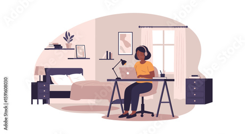 Woman working from home on laptop, bedroom interior, remote work illustration. Perfect for blogs, websites, and articles about work-life balance.