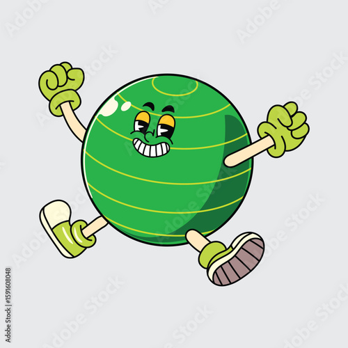Energetic cartoon gym ball mascot jumping with joy, wearing gloves and boots illustration