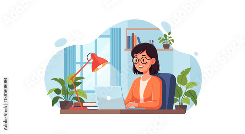 Happy woman working from home on her laptop, perfect for blog posts or website banners about remote work.