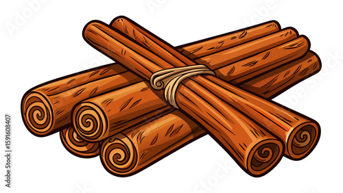 Whole cinnamon sticks with rugged texture rest diagonally on a white backdrop. Their earthy brown tones and rolled form create a warm, cozy vector feel for seasonal or bakery illustrations.
