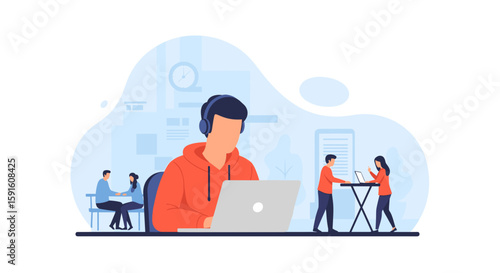 Remote Team Collaboration: Illustration of a diverse team working together remotely, perfect for websites or presentations about remote work.