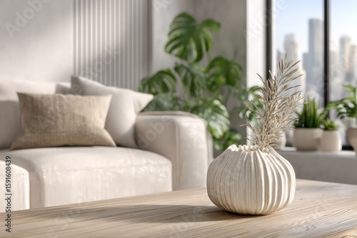 Modern White Vase On Wooden Coffee Table In Light Living Room