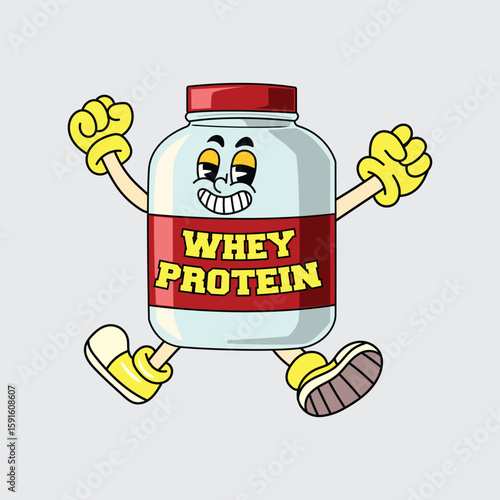 Energetic cartoon whey protein mascot jumping with joy, wearing gloves and boots illustration
