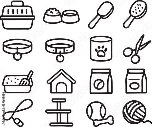 Pet care and accessories line art icons pet carrier