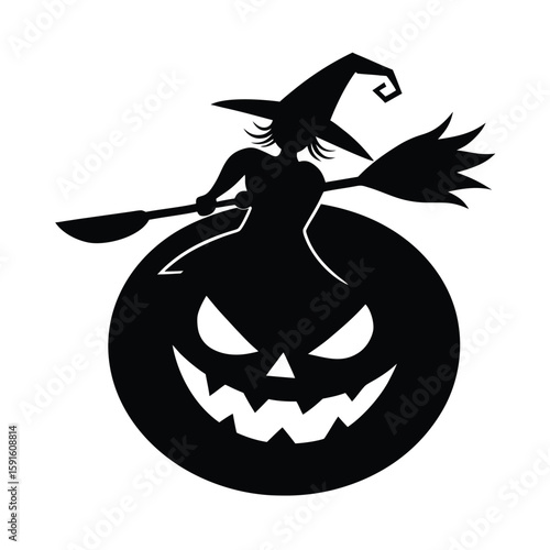 Witch riding broomstick carved into pumpkin shape vector silhouette