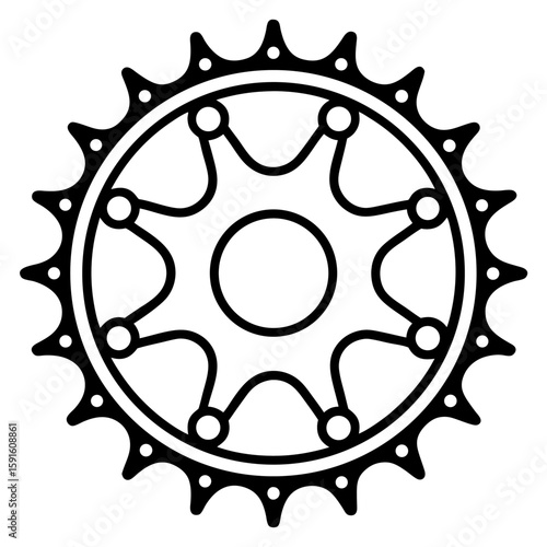 Detailed line art illustration of a bicycle chainring and gears in black