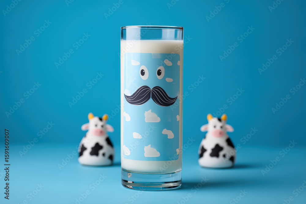 Obraz premium A cheerful glass of milk with a mustache and playful cow figurines on a vibrant blue backdrop.