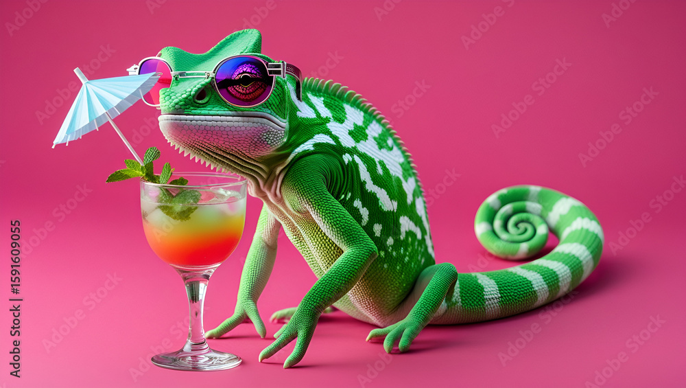 Naklejka premium Fashionable Bright Green Chameleon Posing Confidently on a Vibrant Surface – Colorful Reptile with Unique Texture and Style