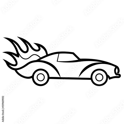 Classic hot rod car with dynamic flames and body in black line art