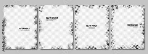 Vector illustration. Halftone dotted frame set. Black color faded dots border on white background. Design for poster, invitation, journal, flyer, coupon, book cover. Retro geometric banners collection