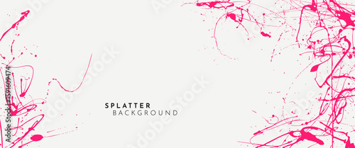 Vector illustration. Drawn red color paint splatter on soft white background. Panoramic wallpaper of chaotic ink splashes. Dynamic messy dye concept. Modern artistic painting. Horizontal backdrop